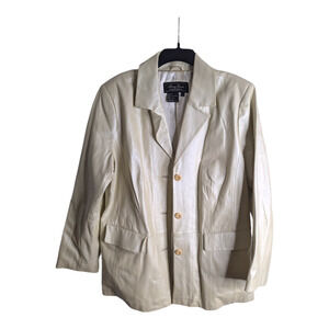 Terry Lewis Womens Plus Size 1x Shimmering Cream Silver Leather Button Down Coat